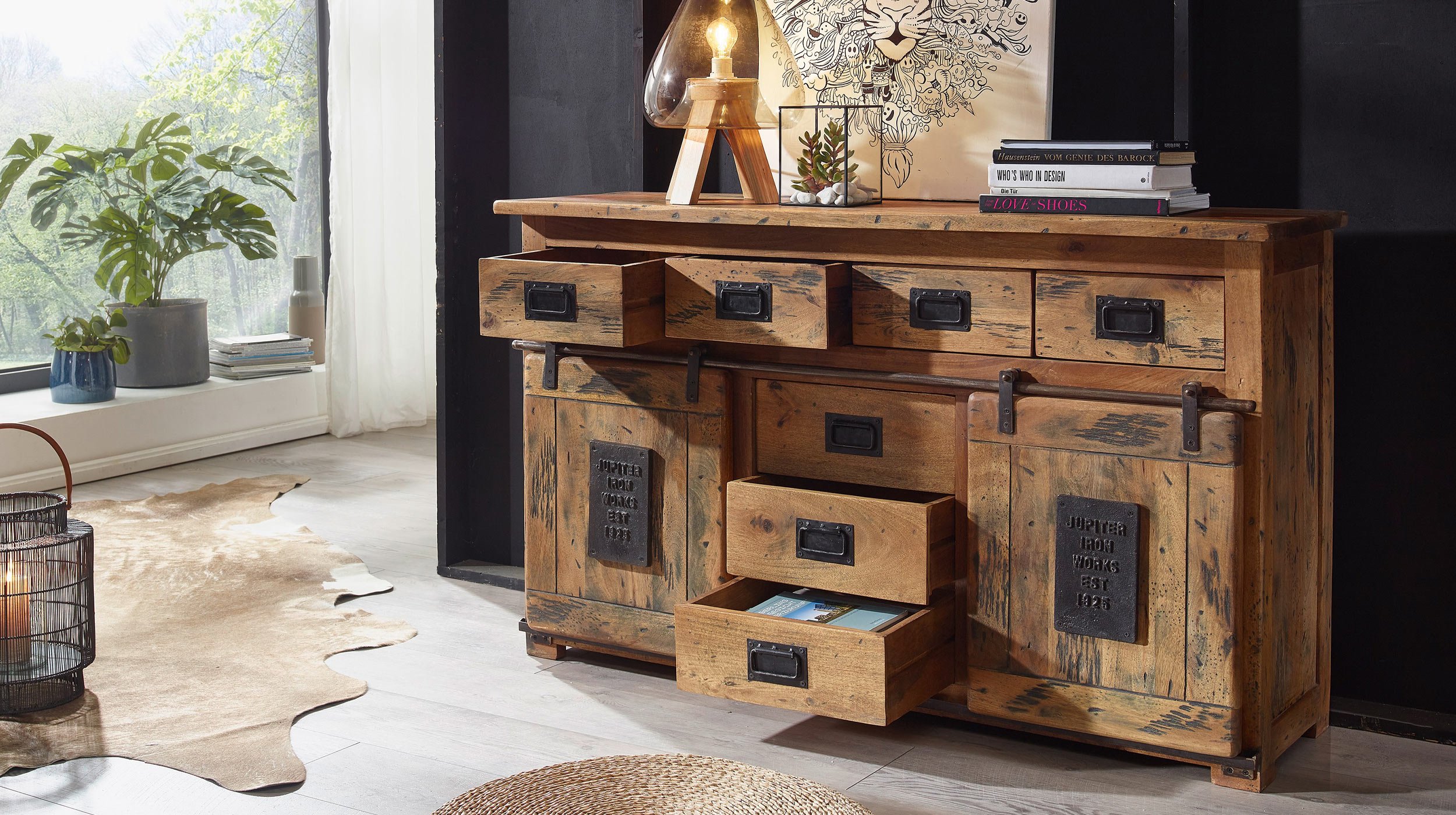 Sideboard mit 2 Rolltüren Mango massiv 150 cm - EMANUEL