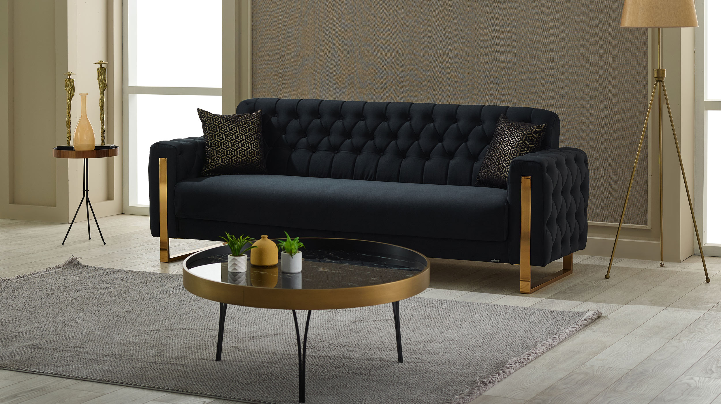 Einzelsofa mit Bettkasten 3-Sitzer schwarz - gold 235 cm - CRYSTAL