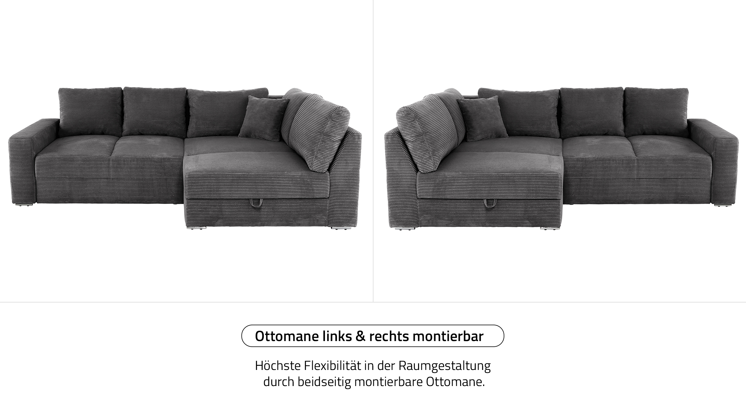 Ecksofa Schlaffunktion Cord grau - Bettkasten 260 cm - JANIS