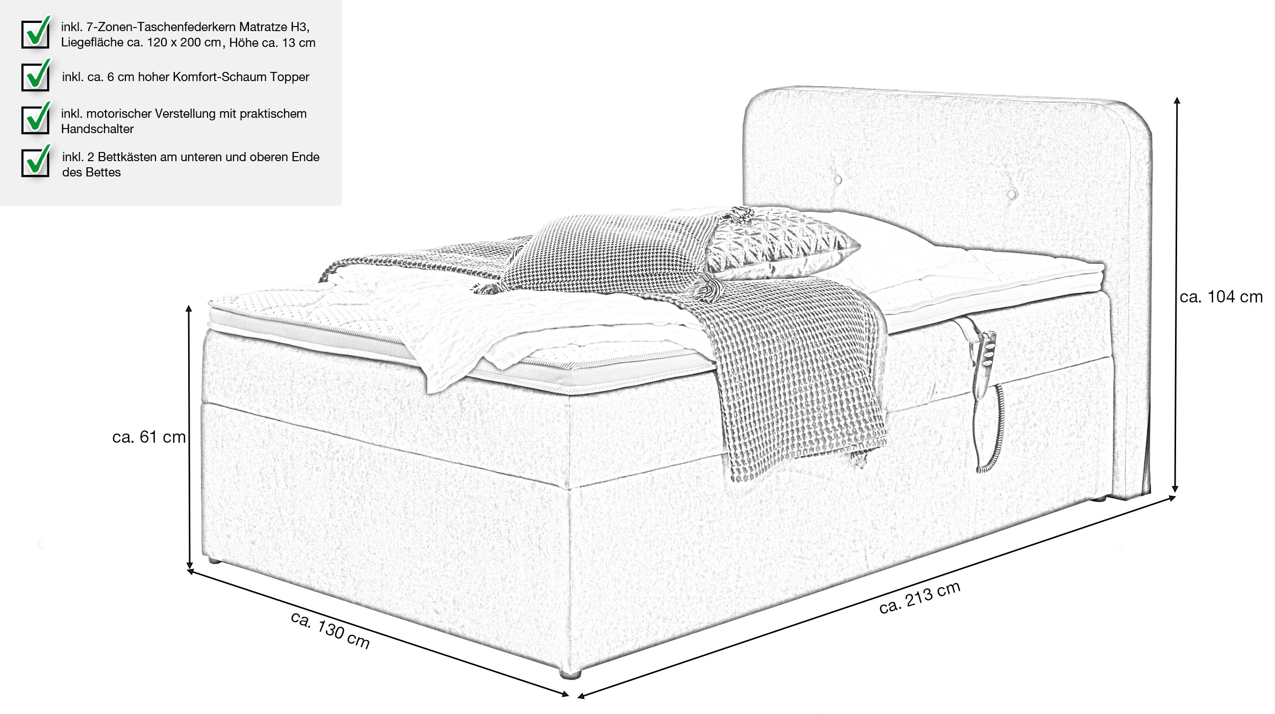 Boxbett 120 x 200 cm grau Bettkasten - elektrisch  - GABRIOLA