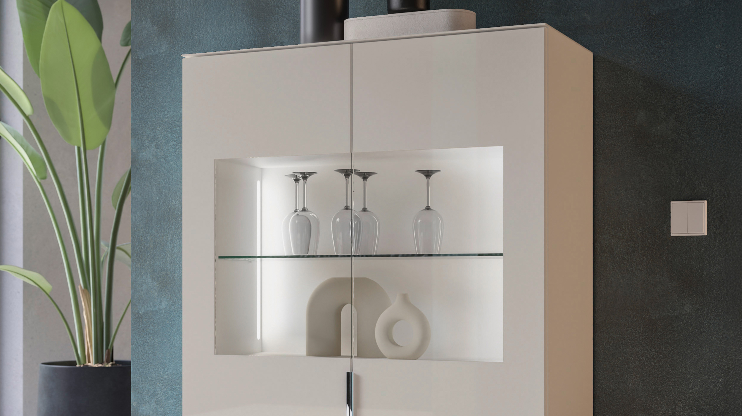 Vitrine mit Beleuchtung kaschmir-beige Glasfront - 90 cm - SANTORIN