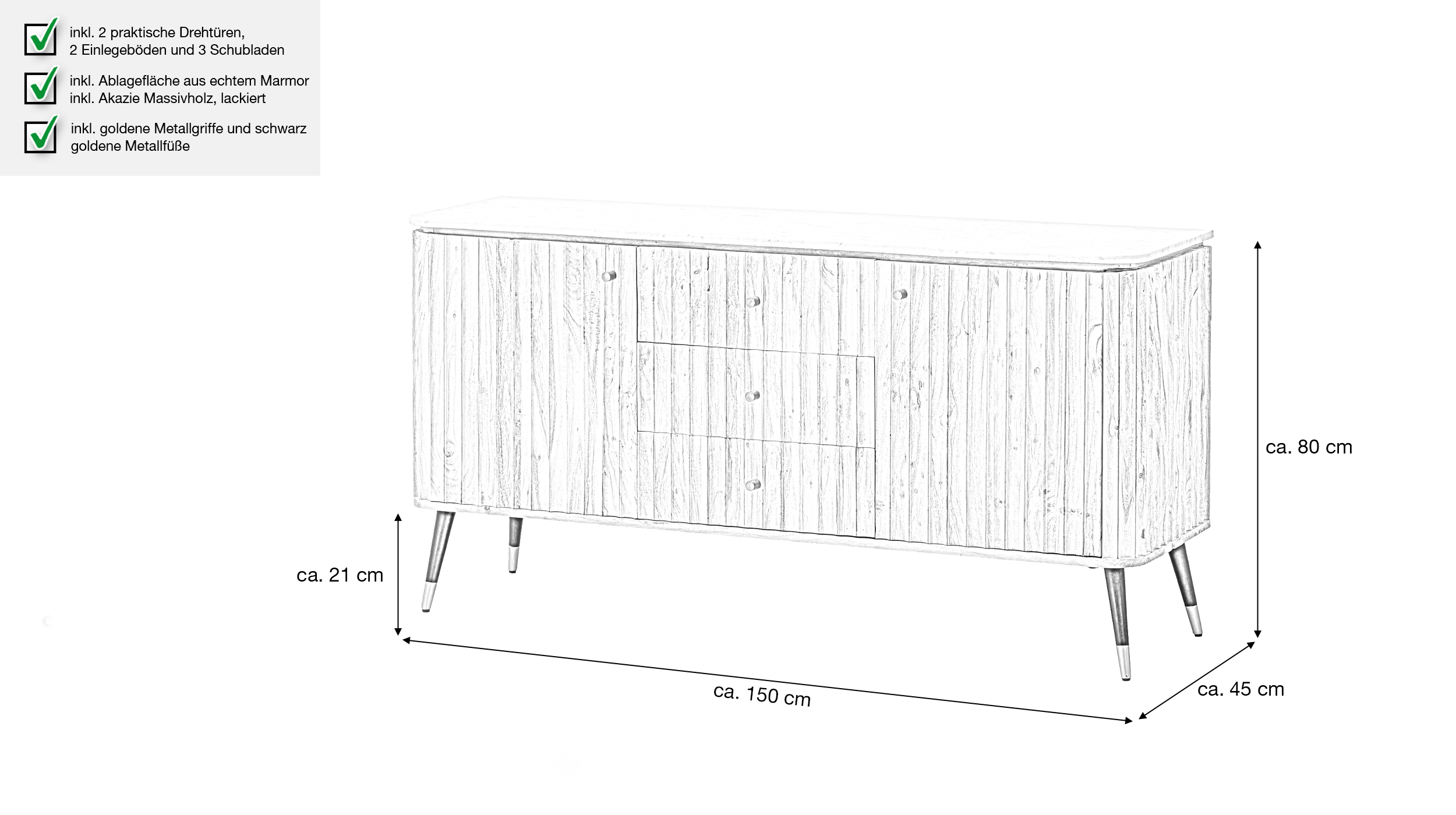 Sideboard mit 3 Schubladen Akazie massiv - Marmor 150 cm - HEDRA