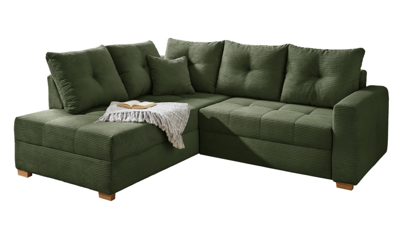 Ecksofa Cord grün 228 cm - Schlaffunktion Bettkasten - HEIDELBERG