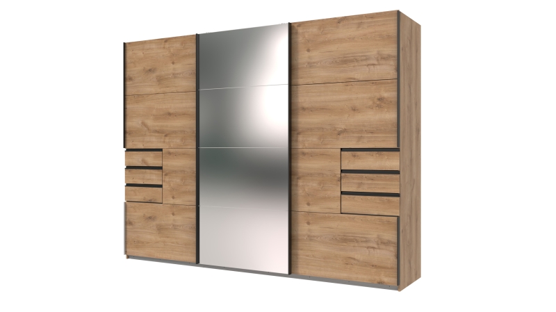Schwebetürenschrank mit Spiegel Plankeneiche 270 cm - 3-türig - SAIGON