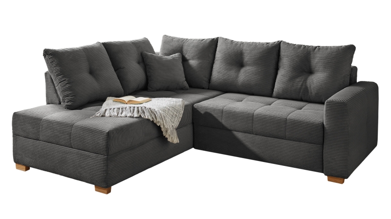 Ecksofa Cord grau 228 cm - Schlaffunktion Bettkasten - HEIDELBERG