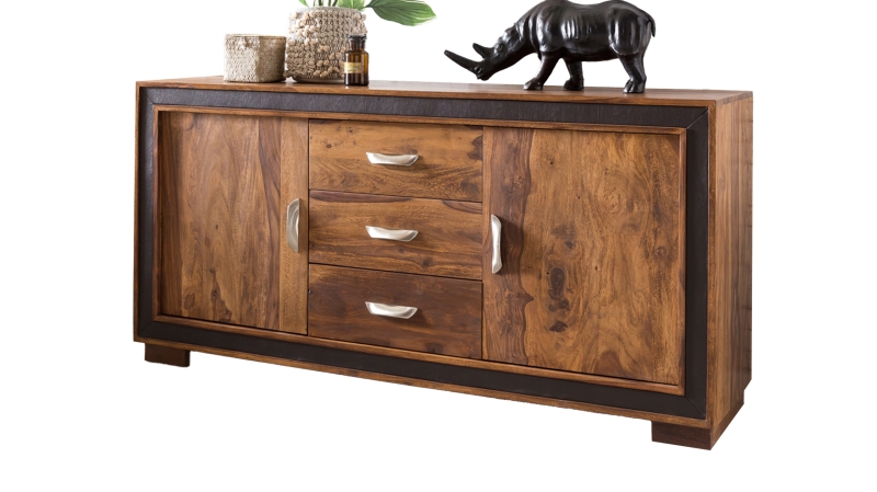 Sideboard 3 Schubladen Sheesham massiv gebeizt 160 cm - NORDLY
