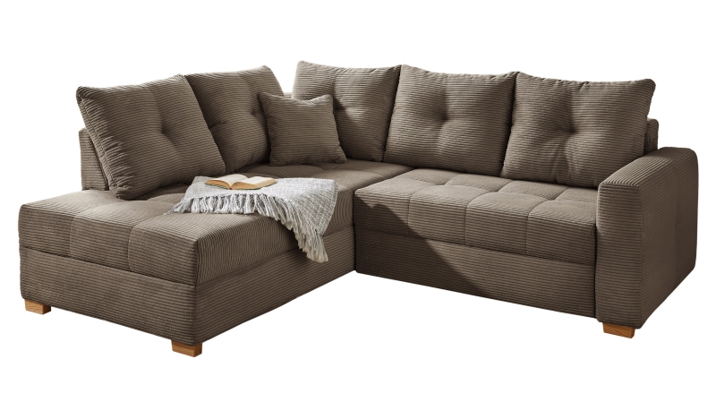 Ecksofa Cord taupe 228 cm - Schlaffunktion Bettkasten - HEIDELBERG